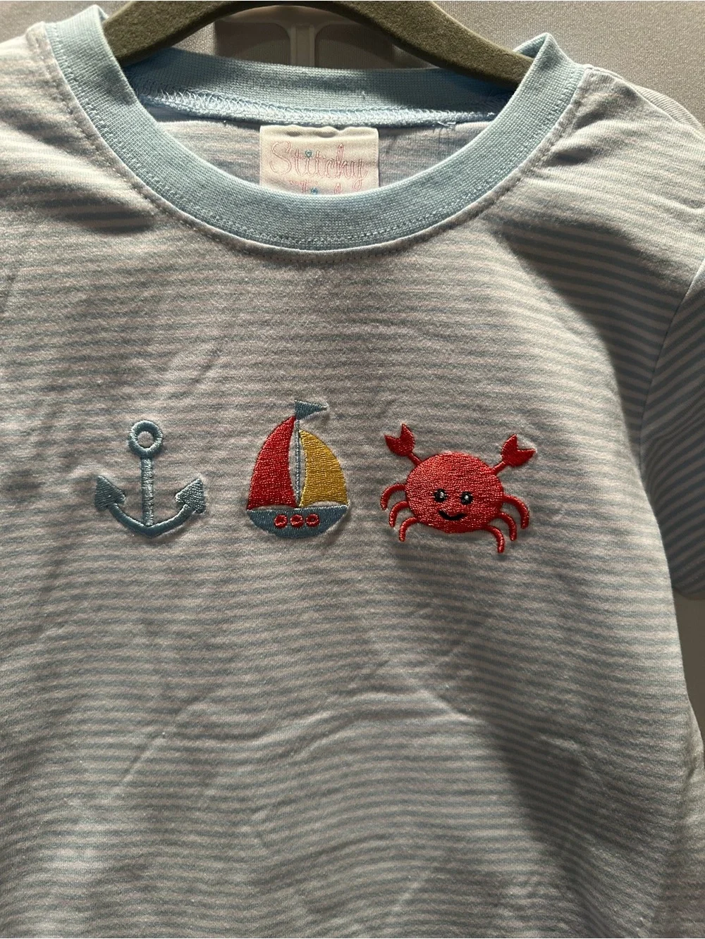 Light Blue Striped Kids Tee and Shorts with Nautical Embroidery